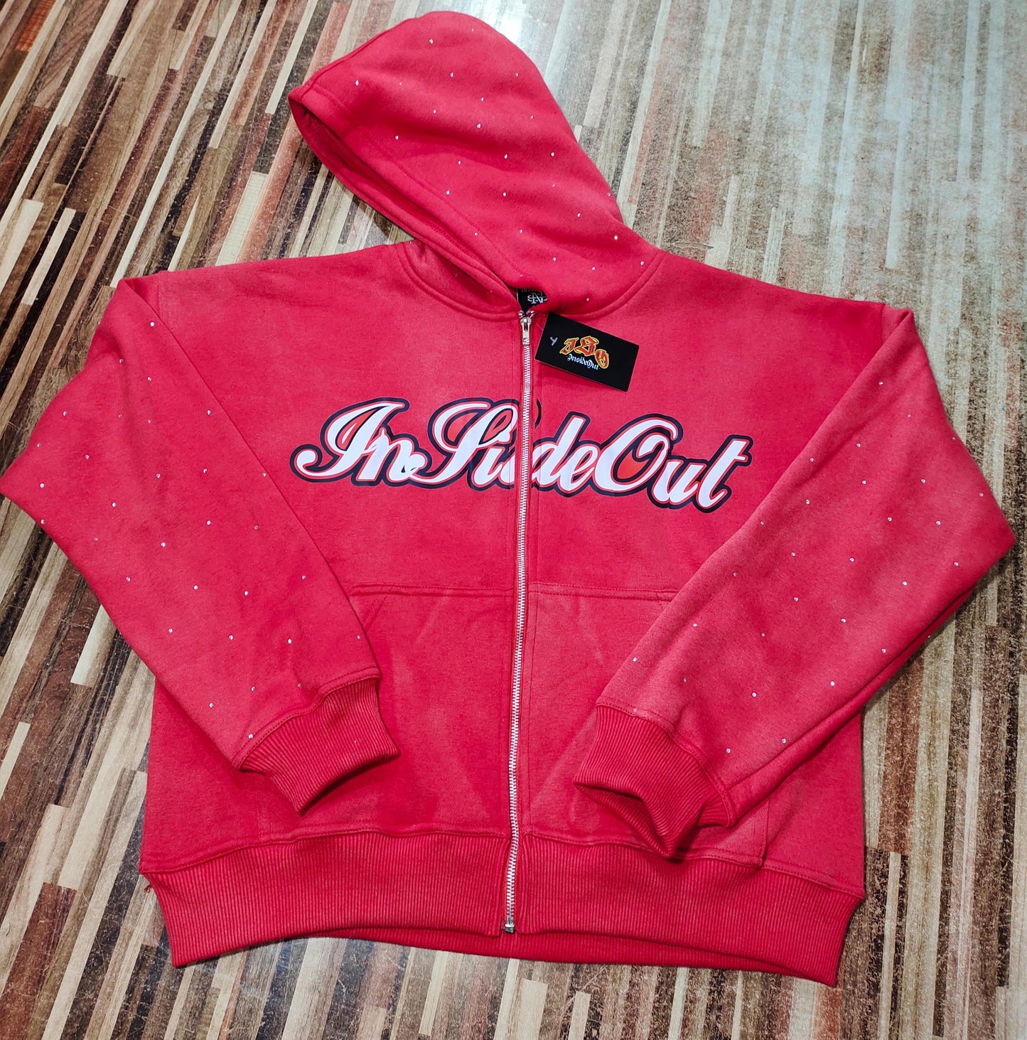 Acid wash rhinestone zip-up