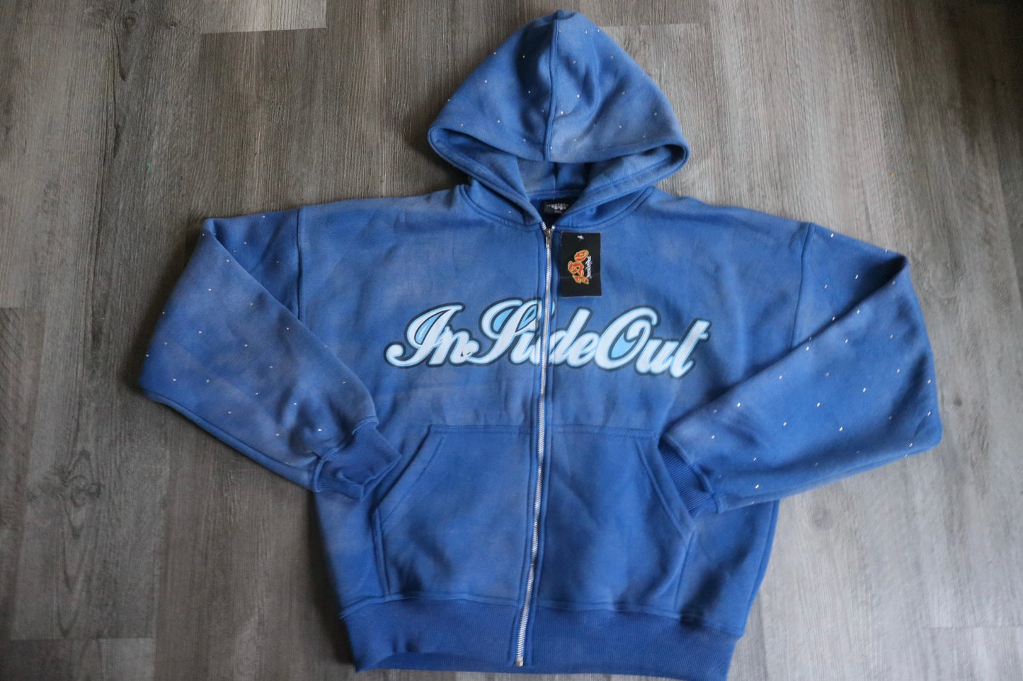 Acid wash rhinestone zip-up